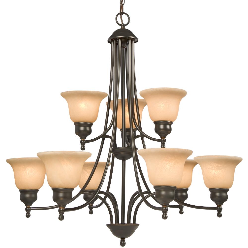 Nine Light Chandelier - Dark Brown Copper w/ Tea Stain Marbled Glass